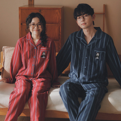 情侶春秋純棉雙層紗布條紋長袖長褲居家服
