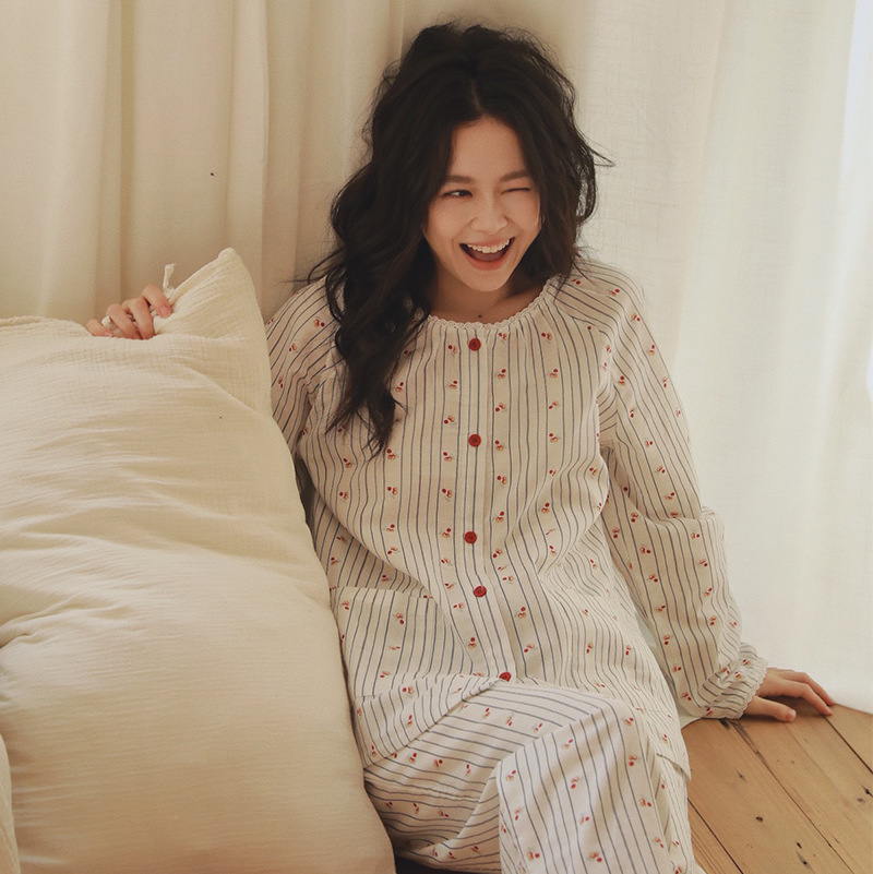 女春夏純棉花邊圓領長袖家居服