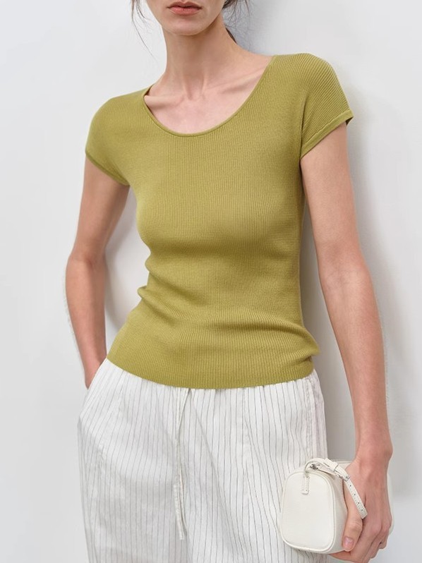 女醋酸天絲U領坑條高彈短袖T恤