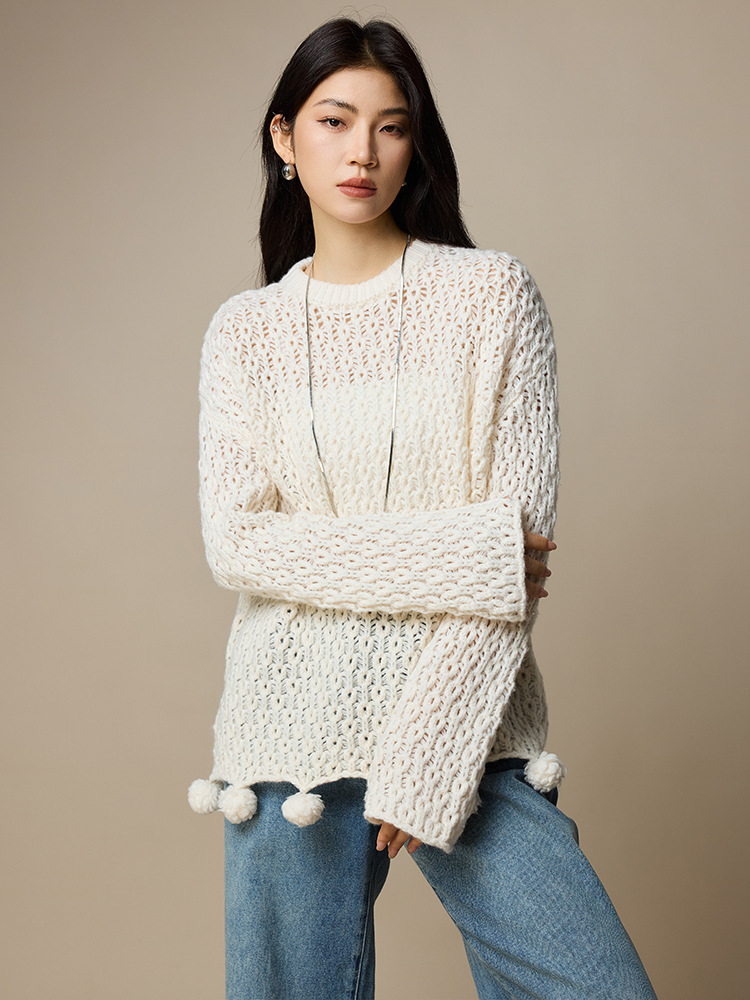 女士春秋100羊毛鏤空針織毛衣