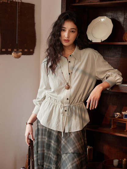 女復古抽繩收腰長袖襯衫