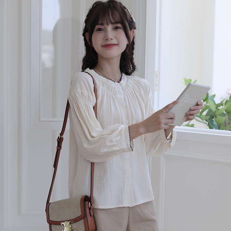 女士春季拼色別緻褶皺圓領長袖襯衫