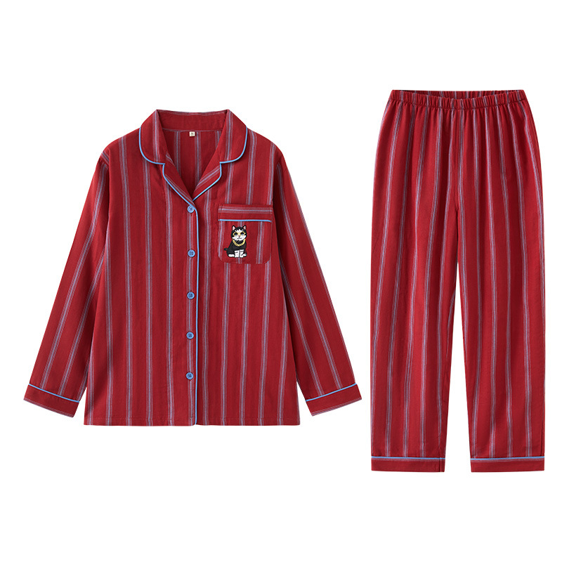情侶春秋純棉雙層紗布條紋長袖長褲居家服