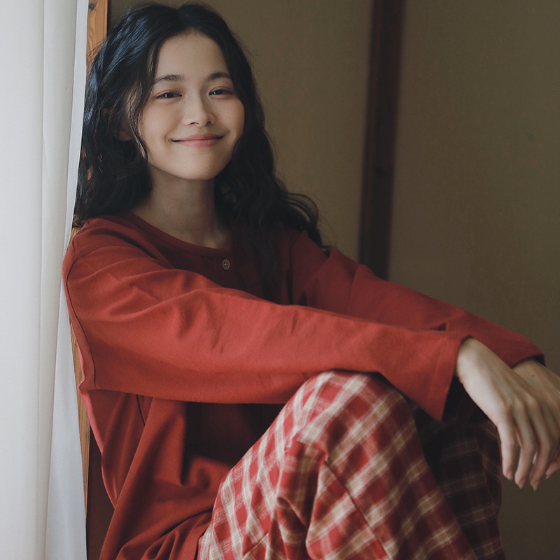 女士春秋純棉磨毛紅色圓領長袖長褲居家服