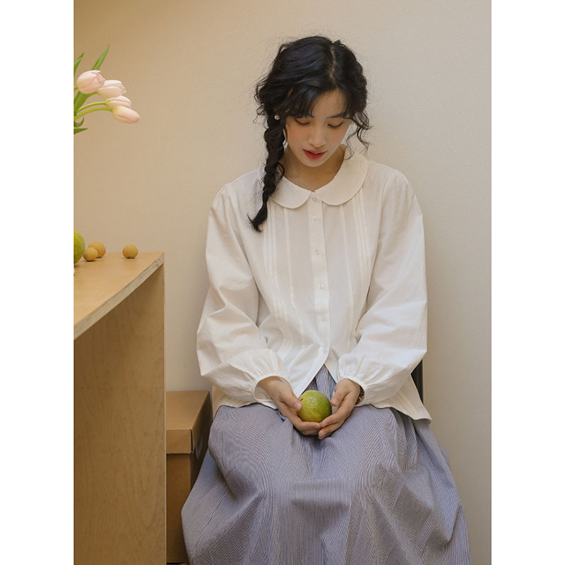 女士秋季日系娃娃領白襯衫+牛仔馬甲