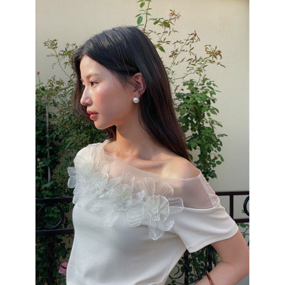 女夏一字肩蕾絲花邊褶皺收腰T恤