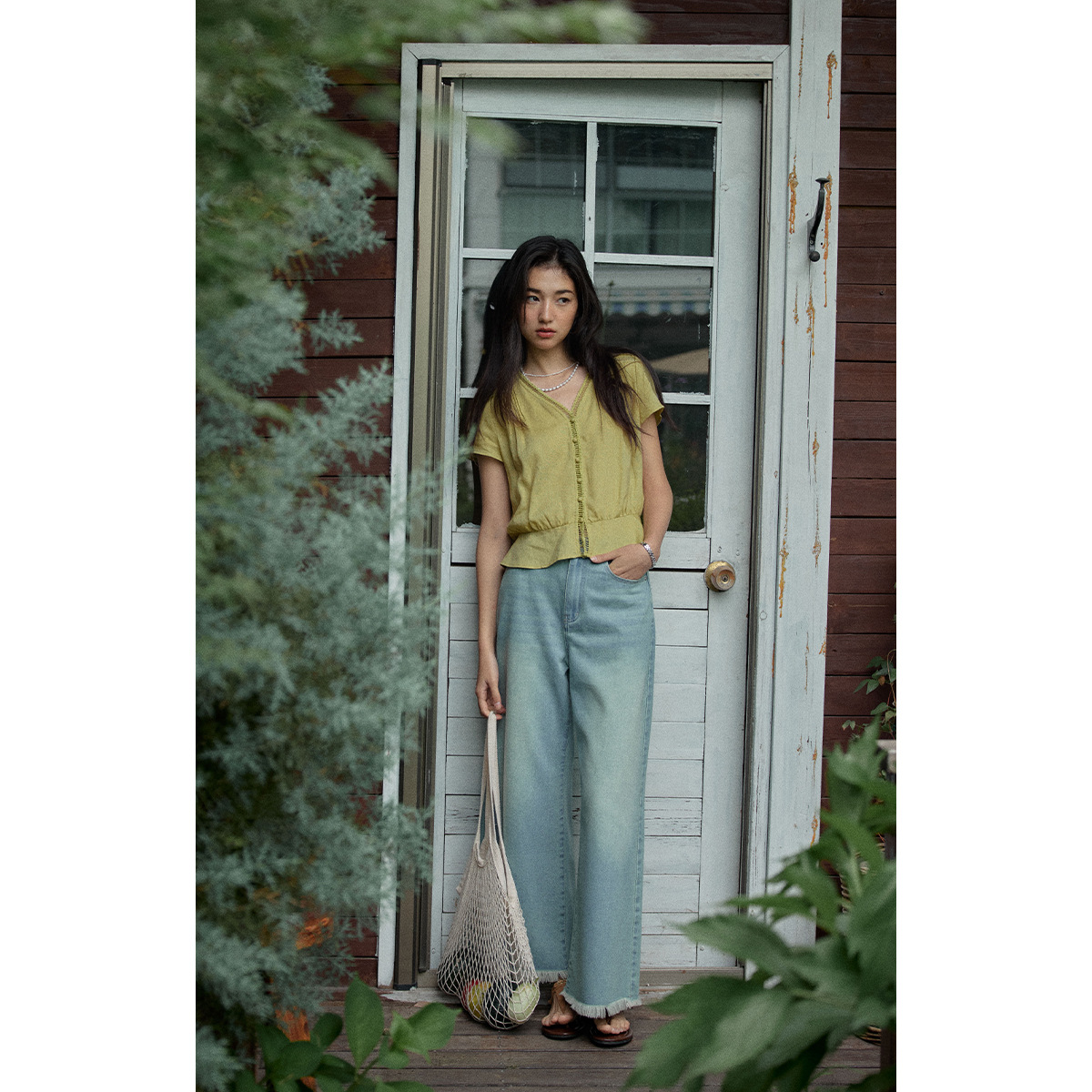 女夏萊賽爾v領荷葉邊短袖襯衫