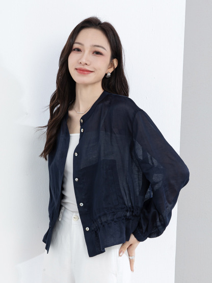 女夏苧麻荷葉邊小立領襯衫