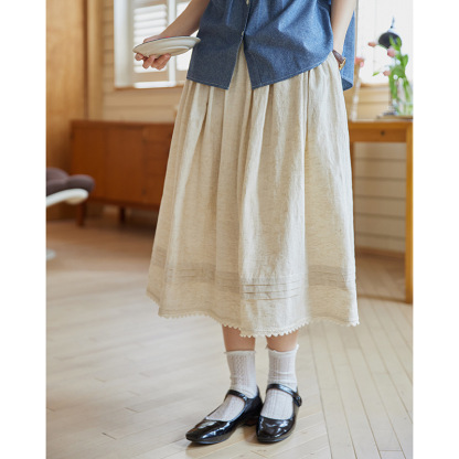 女夏打褶花邊棉麻A字半身裙