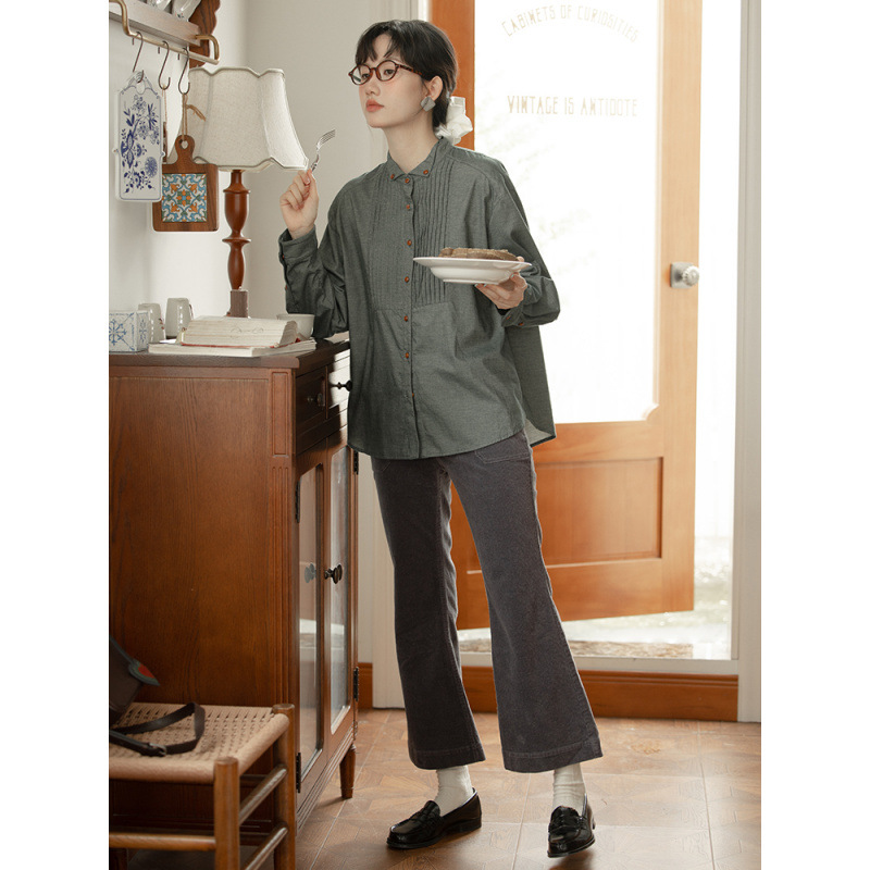 女士春秋古翼領打褶長袖襯衫