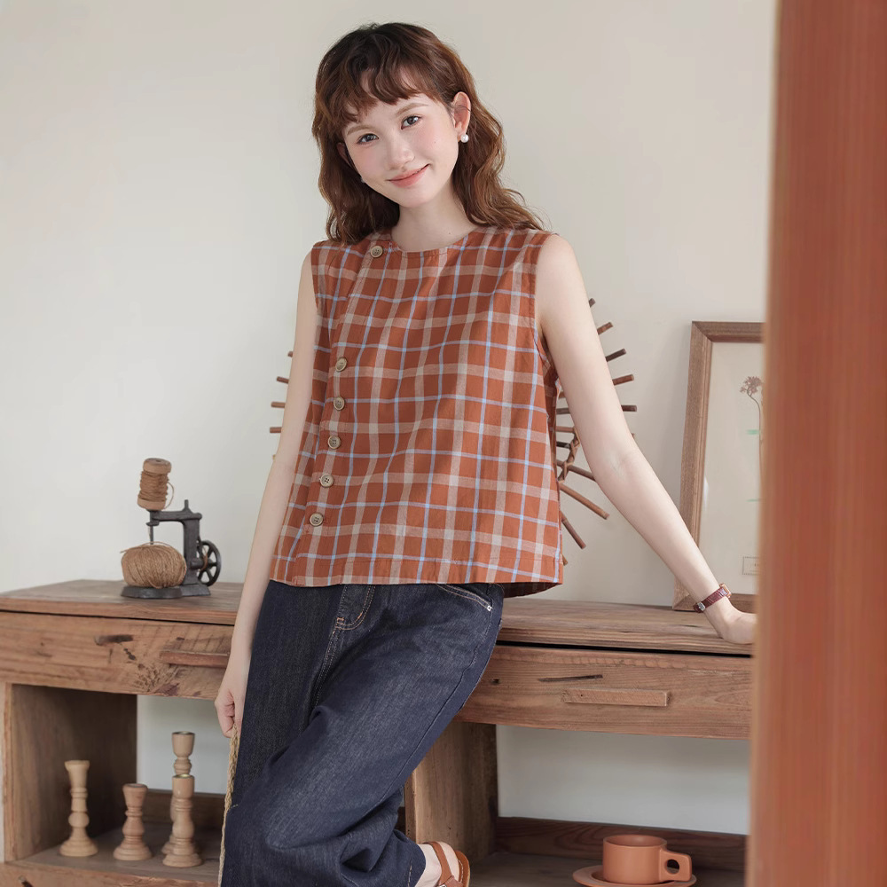 女夏復古格子無袖襯衫
