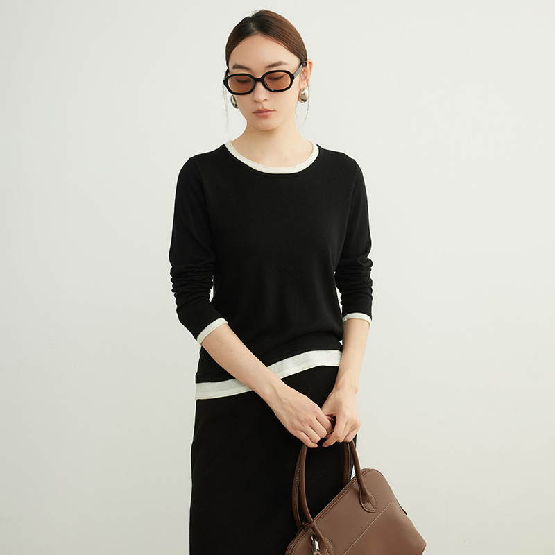 女士春秋羊毛假兩件套頭針織衫