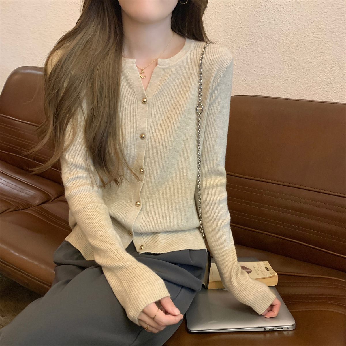 女士秋冬韓版單排扣安迪絨針織開衫