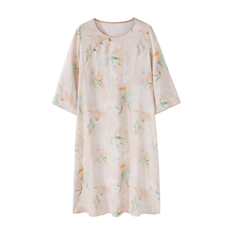 女竹棉國風斜襟桃竹印花長袖睡裙