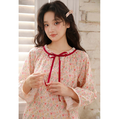 女春秋棉紗碎花九分袖居家服
