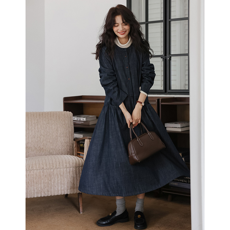 女士秋季森系圓領寬鬆牛仔連衣裙