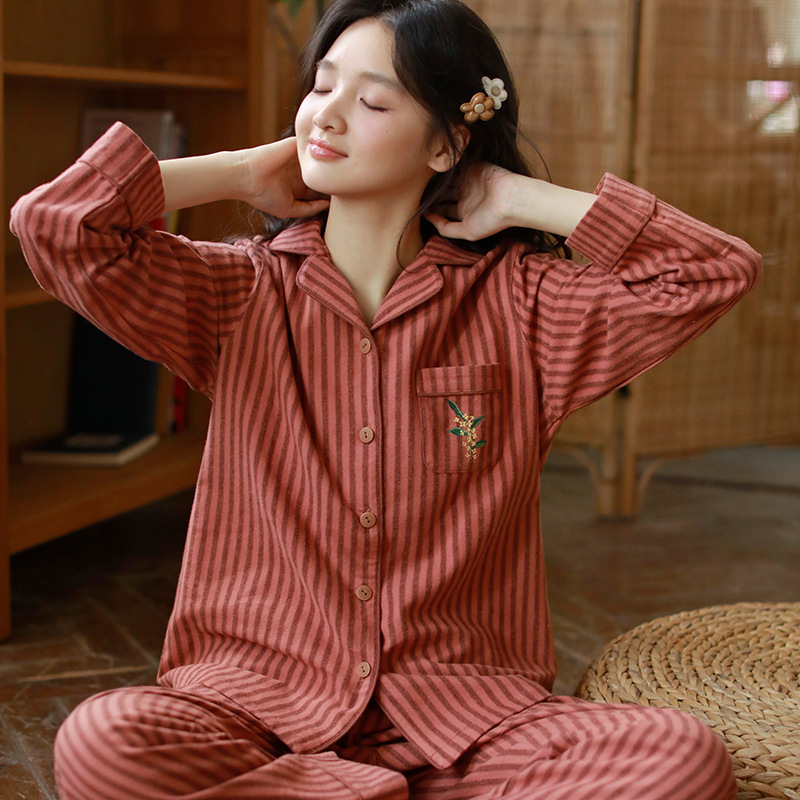 女士春秋純棉磨毛條紋長袖長褲居家服