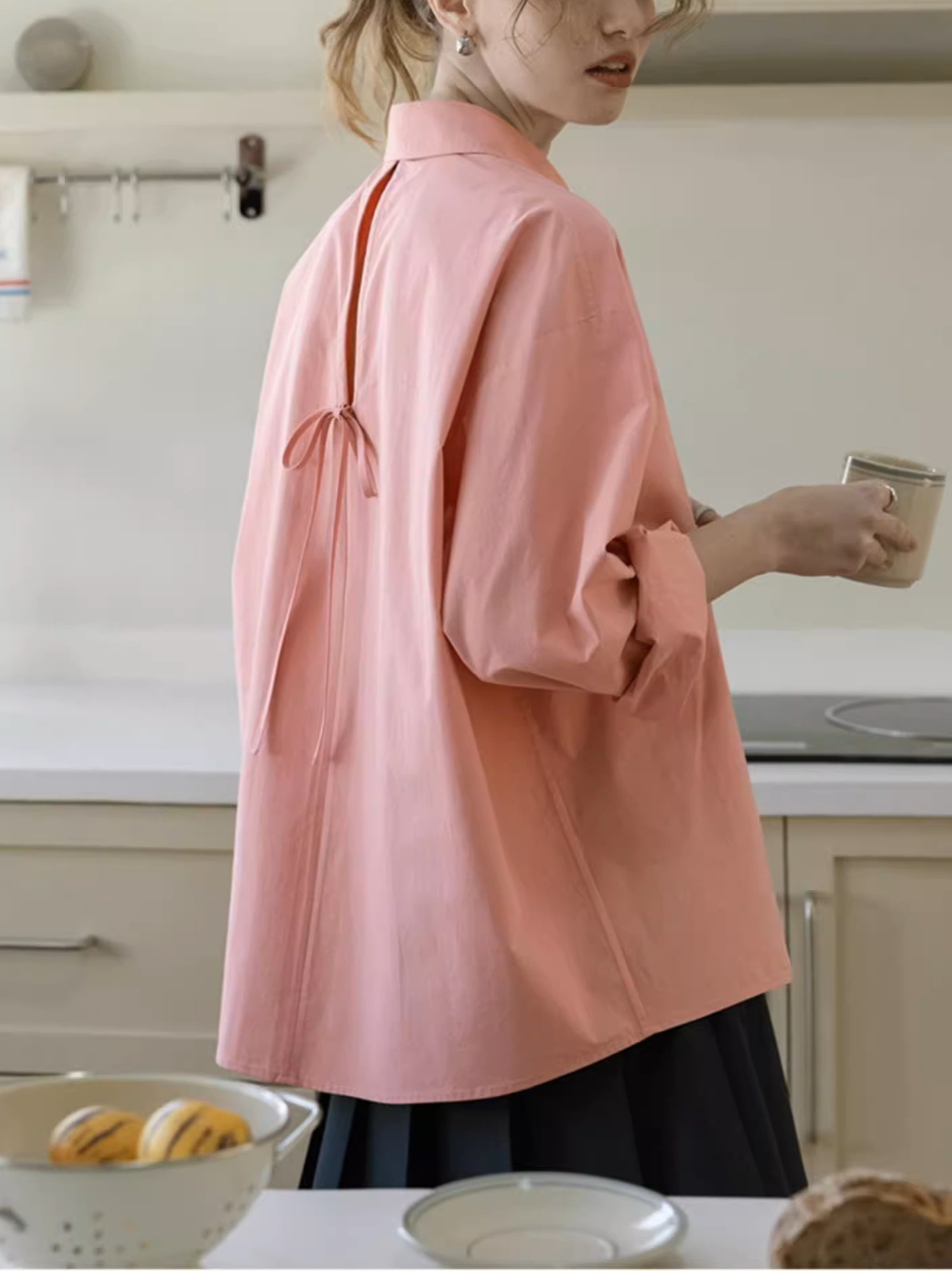 女士春季純棉蝴蝶結設計粉色襯衫