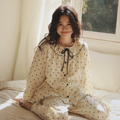 女春秋娃娃領波點雙層棉紗家居服