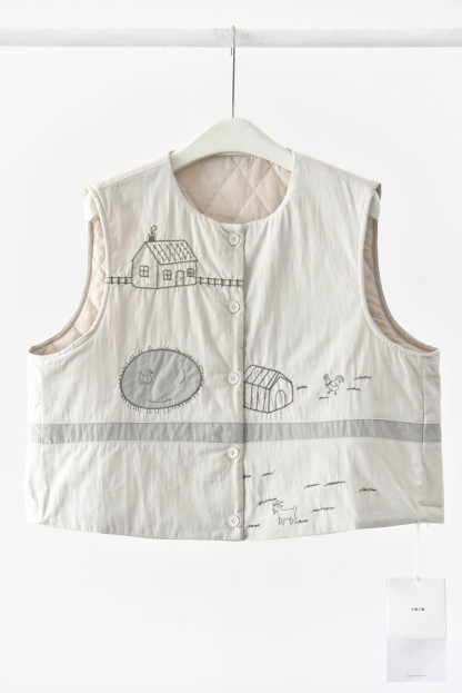 女士秋冬童趣農場刺繡圓領夾棉馬甲