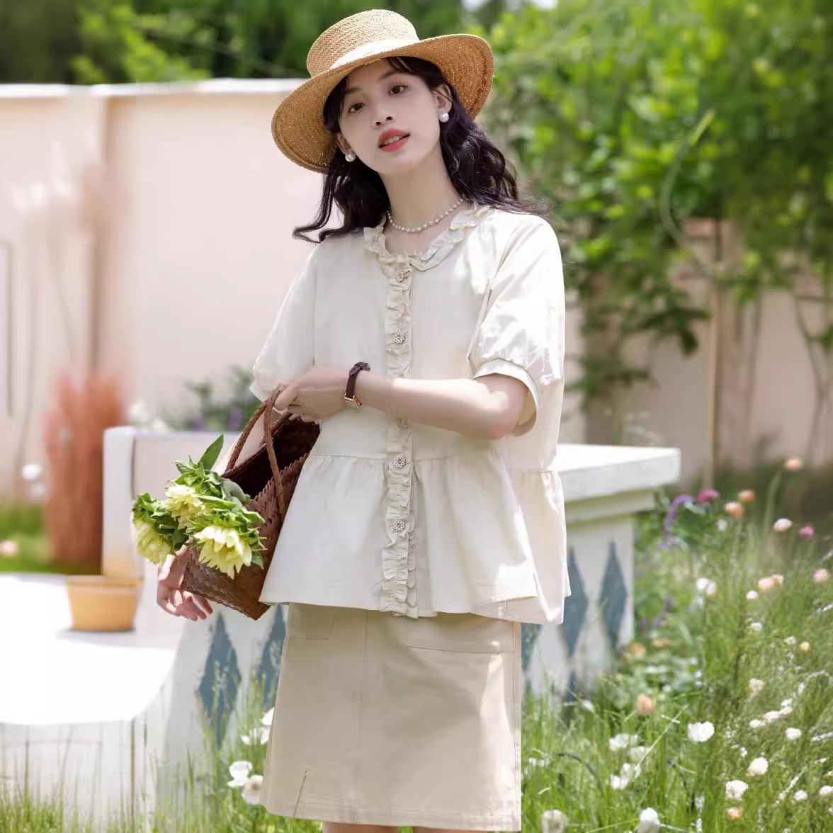 夏拼接木耳邊圓領短袖襯衣