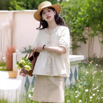 夏拼接木耳邊圓領短袖襯衣