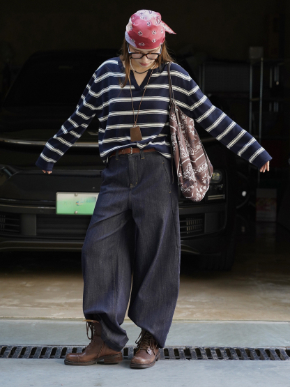 女士春秋V領粗條紋綿羊毛毛衣