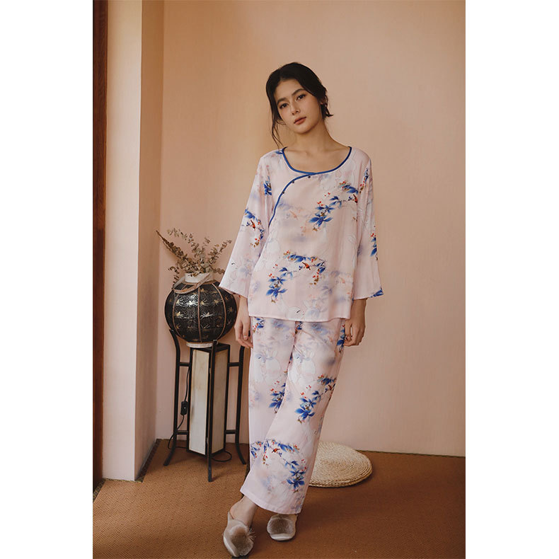 女款竹棉國風斜襟南笙印花長袖睡衣套裝