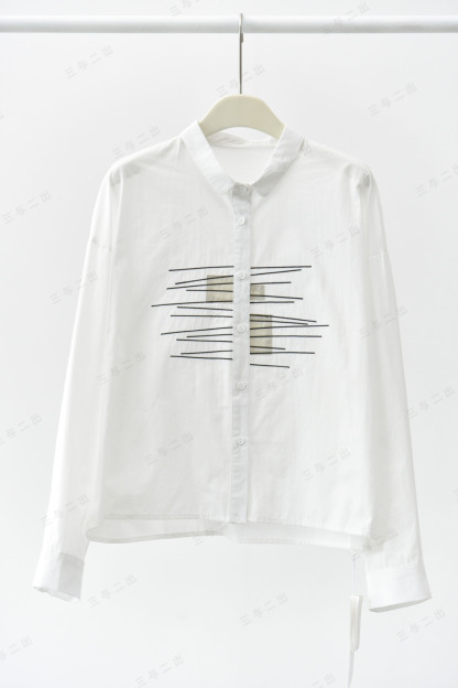 女士春秋簡約素描排線刺繡撞色貼布長袖襯衫