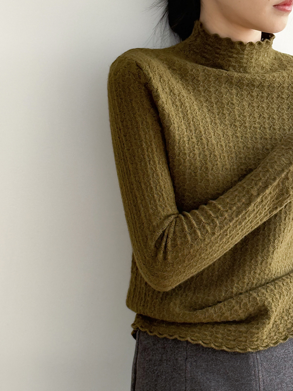 女士秋冬純色半高領鏤空類似針織打底衫