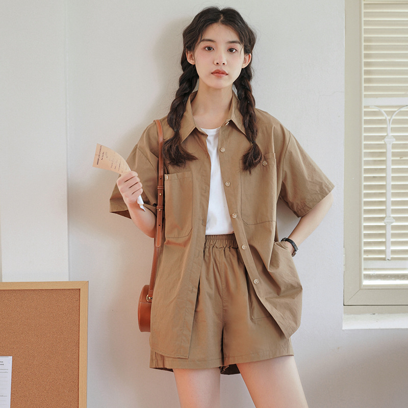 女工裝短袖休閒襯衣+短褲