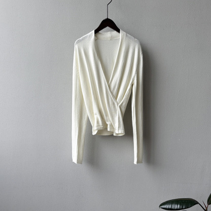 女士秋季法式交叉V領長袖針織衫