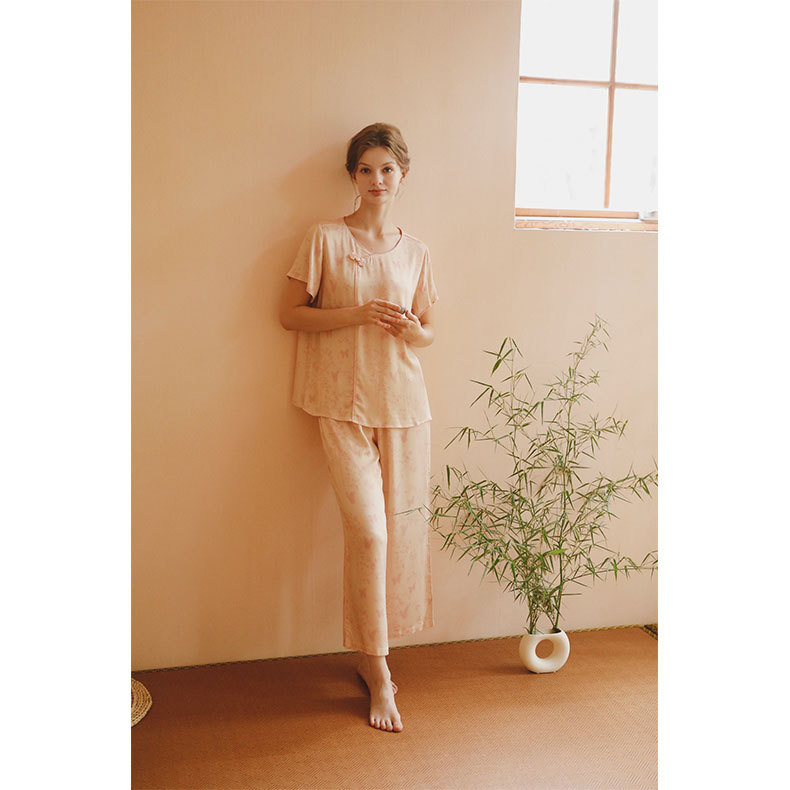 女款貢緞國風斜襟扣竹林印花睡衣套裝