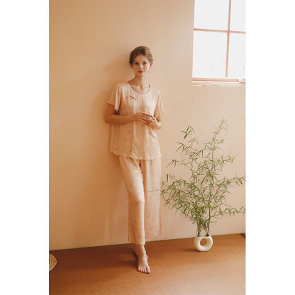 女款貢緞國風斜襟扣竹林印花睡衣套裝