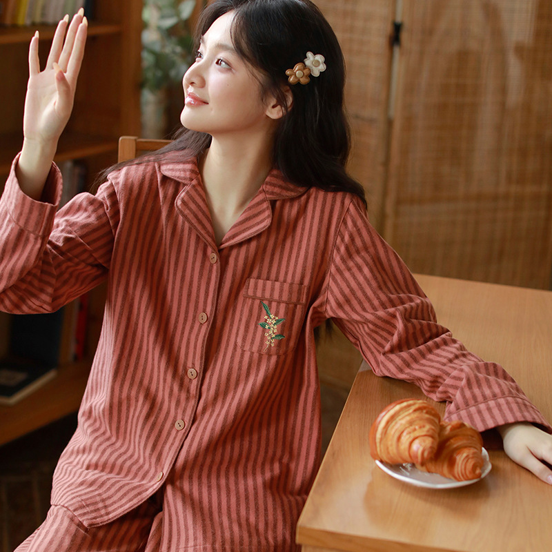 女士春秋純棉磨毛條紋長袖長褲居家服