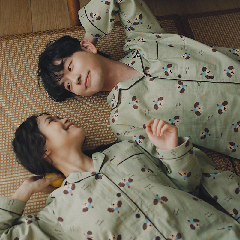 男款藍帽狗翻領長袖情侶睡衣