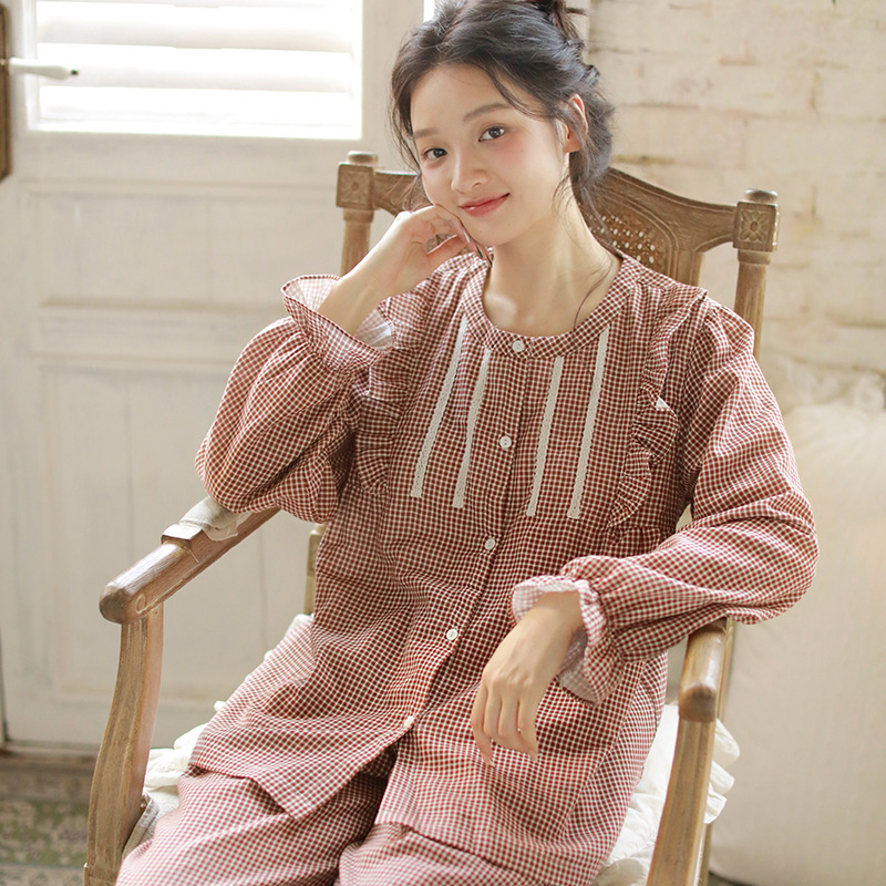 女士秋季帶胸墊純棉圓領開衫長袖長褲居家服