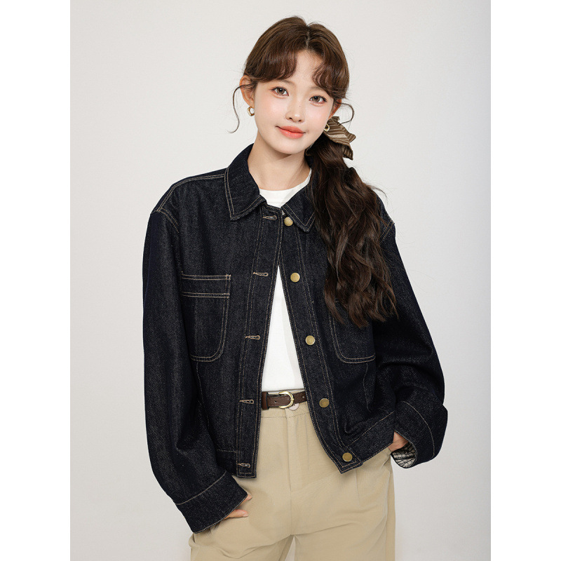 女士秋冬水洗藍格子袖口水洗牛仔外套