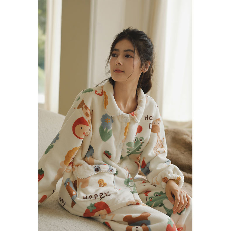 女士秋冬加絨加厚卡通印花睡衣合集