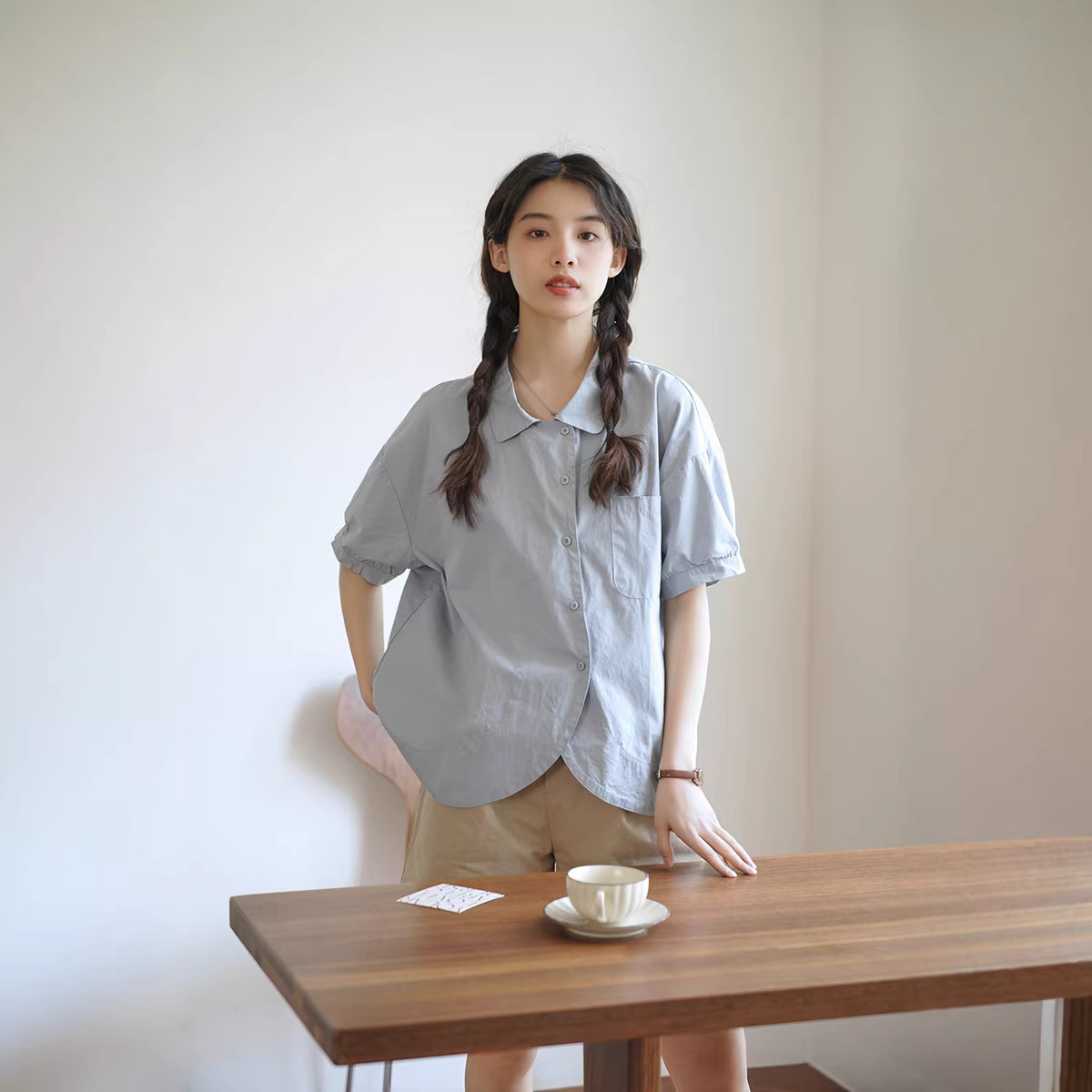 女夏復古小翻領短袖衫衣