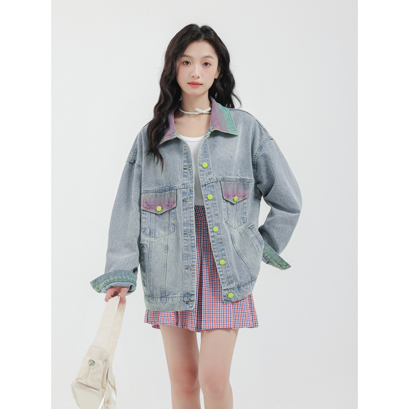 女士春秋炸街拼色個性牛仔外套