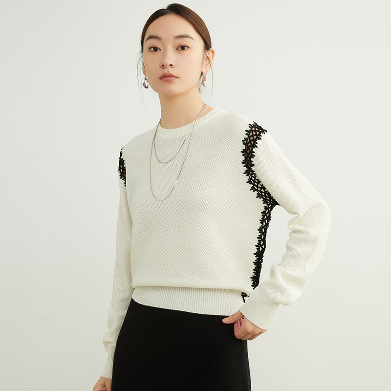女士秋季赫本風勾花羊毛針織衫