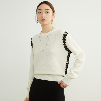 女士秋季赫本風勾花羊毛針織衫