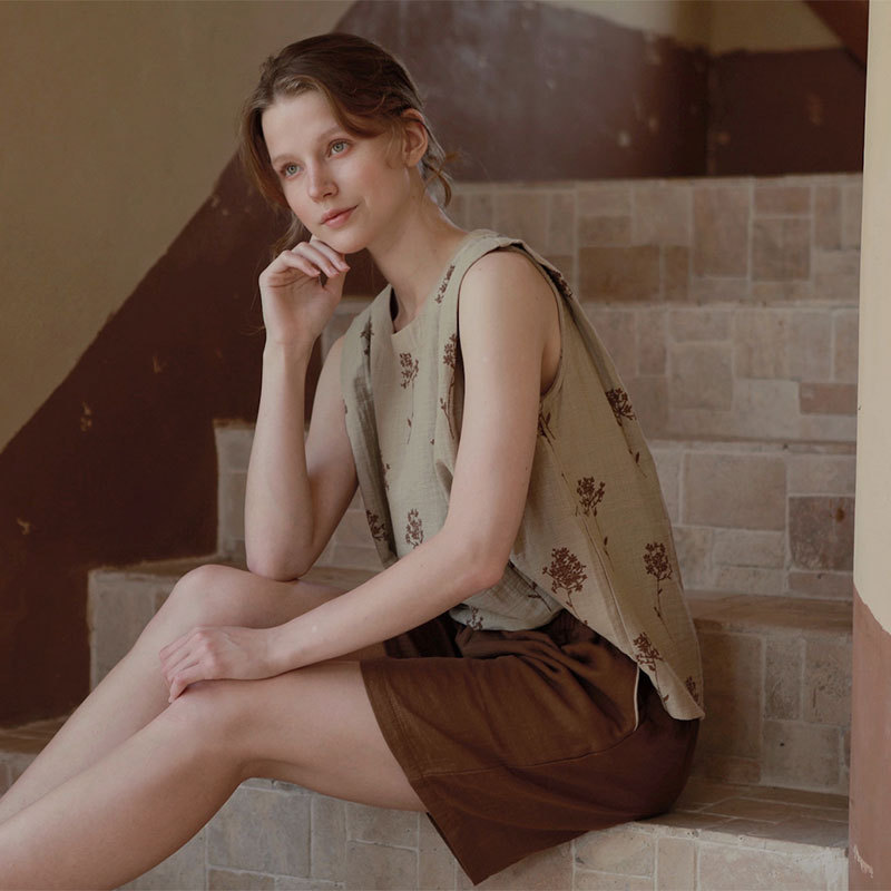 女士全棉色織提花雙層紗布國風無袖睡衣