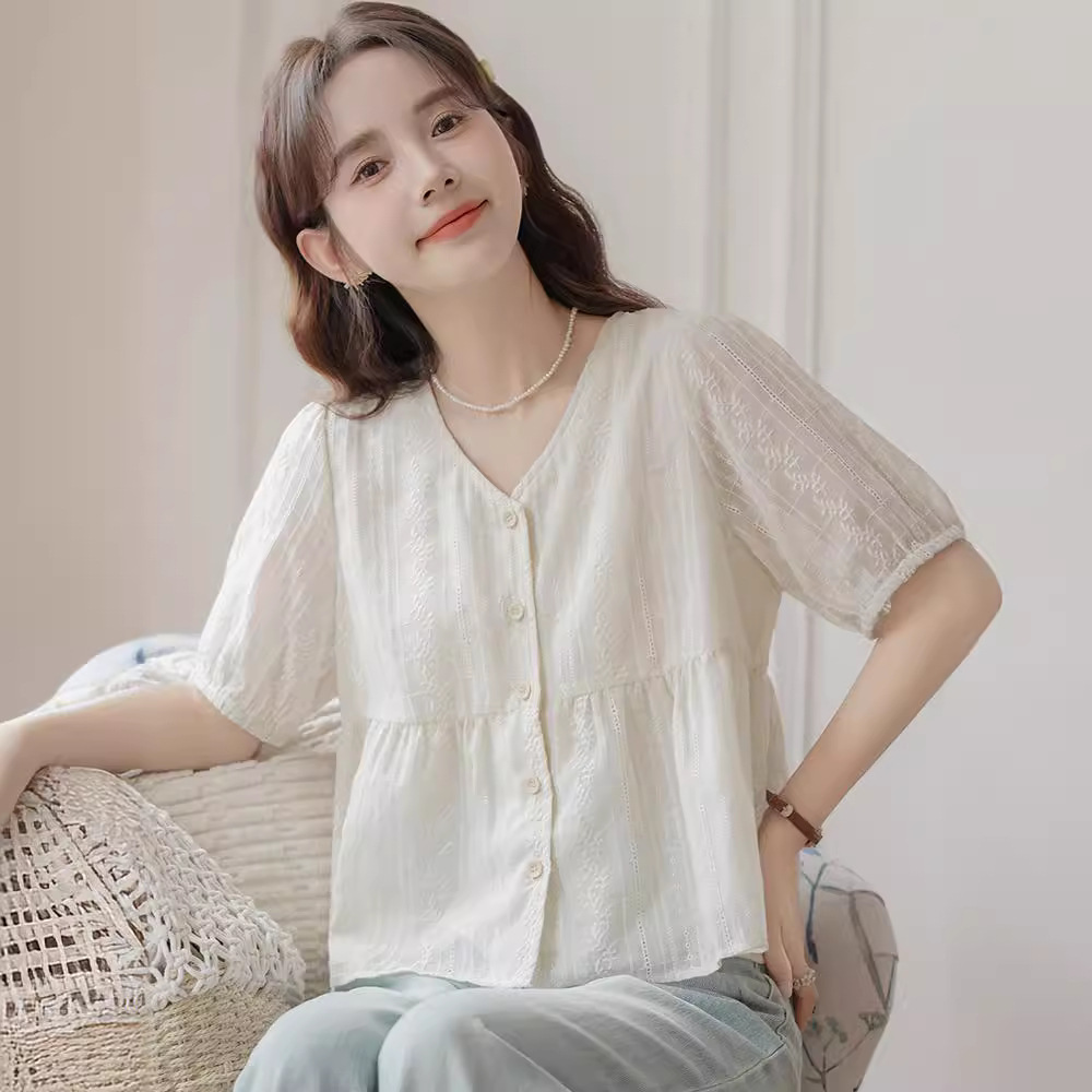 女夏花邊提花V領短袖襯衫