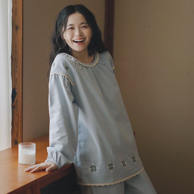 女士秋冬純棉磨毛刺繡圓領套头長袖長褲居家服