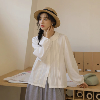 女士秋季日系娃娃領白襯衫+牛仔馬甲