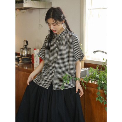 棉麻格紋小翻領短袖襯衫