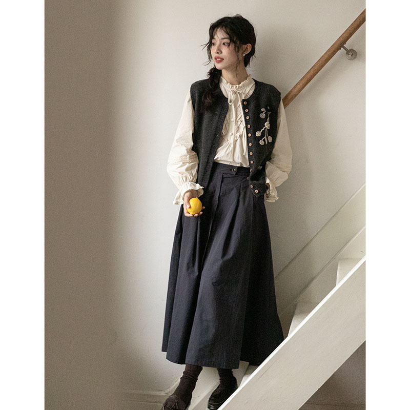 女士秋季法式高腰棉質藏藍色A字半身裙