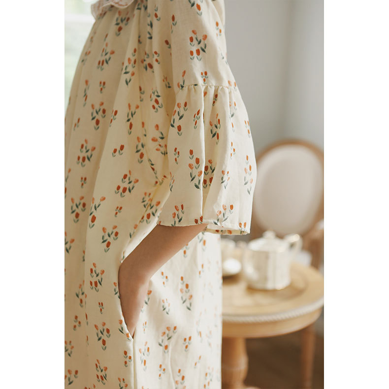 女棉紗文藝風領口刺繡金朵短袖睡裙